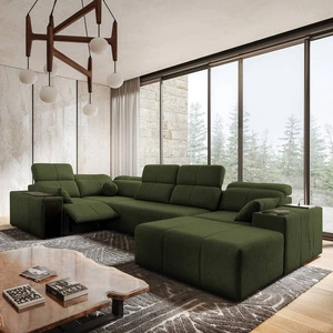 Rohová pohovka s funkcí spaní Tesalia IV Lux zelená pravostranná stylová rohová pohovka s výsuvnou podnožkou a posuvnou funkcí opěradla