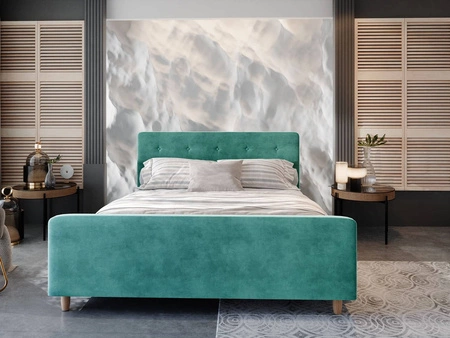 Čalouněná postel Isara 140x200 zelená s kontejnerem v moderním skandinávském stylu s výrazným čelem a podnožkou