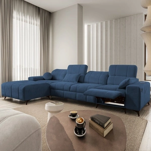 Penejos XII Lux modrá levotočivá rohová pohovka s funkcí spaní Stylová rohová pohovka s pohodlným výsuvným podnožníkem