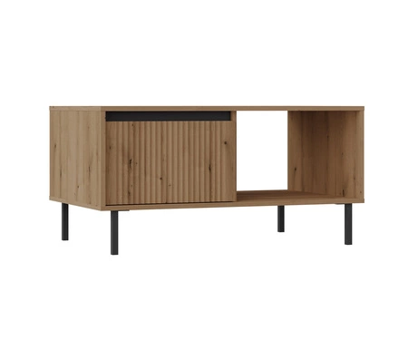 Nástěnná skříňka Osaka dub evoke / černá minimalistický design podtržený módními barvami vysoké kovové černé nohy vkusné rýhované čelo