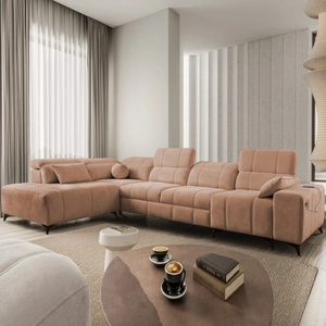 Rohová pohovka s funkcí spaní Penejos XI losos levá pohodlná rohová pohovka s nastavitelnými opěrkami hlavy a dvěma přihrádkami na lůžkoviny