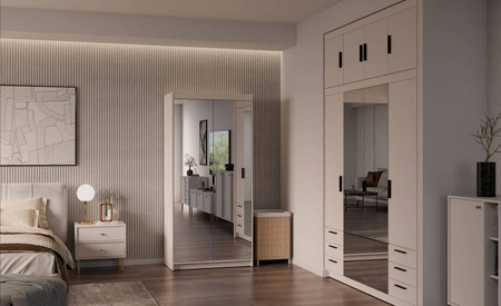 Šatní skříň Rene 90 cm béžová písková stylový design jednoduchý tvar ideální šatní skříň se zrcadlem do ložnice nebo předsíně hrany s povrchovou úpravou ABS