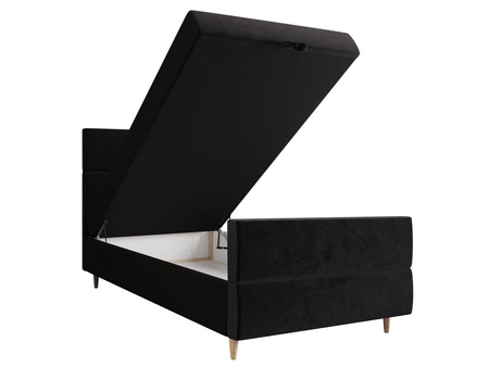 Černá kontinentální postel Benet 90x200 v moderním skandinávském stylu s čalouněným čelem a nohami postele s úložným boxem