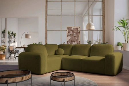 Rohová sedací souprava s funkcí spaní Arbon II olivová levá strana stylový design charakteristický zaoblený tvar nádoba na lůžkoviny