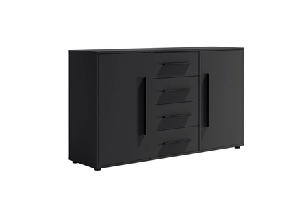 Komoda Maxione 150 cm černá elegantní a univerzální styl komody do ložnice nebo obývacího pokoje vkusné černé úchyty
