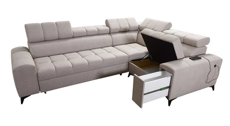 Rohová sedací souprava s funkcí spaní Bolmso II hnědá pravostranná rohová sedací souprava se zásuvkou na lůžkoviny s plným výsuvem v boční části nábytku