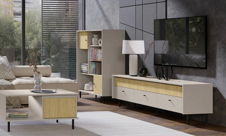 RTV skříňka Cappo 184 cm pískově béžová / olejovaný dub elegantní designová skříňka se zásuvkami na vysokých kovových nohách