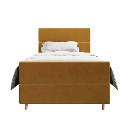 Kontinentální postel Benet 120x200 hořčice v moderním skandinávském stylu s čalouněným čelem a nohou postele s úložným boxem