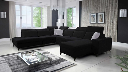 Kelly Sleek X černá pravá rohová sedačka s funkcí spaní mimořádně elegantní rohová sedačka do obývacího pokoje s nastavitelnými opěrkami hlavy