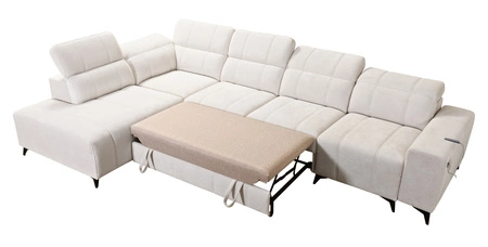 Rohová pohovka s funkcí spaní Penejos XI béžová levá pohodlná rohová pohovka s nastavitelnými opěrkami hlavy a dvěma přihrádkami na lůžkoviny