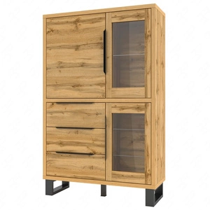 Vitrína Halle 120 cm dub wotan minimalistický design stylová vitrína s úchytem na hraně se zásuvkami na kovovém podstavci