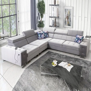 Rohová pohovka s funkcí spaní Hampton III šedý jasan levá pohodlná rohová pohovka z hladké a měkké látky sametového typu