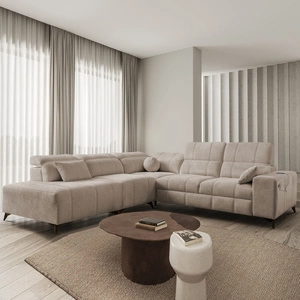 Rohová sedací souprava s funkcí spaní Penejos IX tmavě béžová levá strana stylová rohová sedací souprava s kontejnery na lůžkoviny pohodlné nastavitelné opěrky hlavy