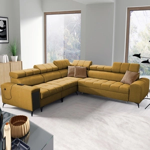 Rohová sedací souprava s funkcí spaní Bolmso III hořčice levá rohová sedací souprava s kontejnery na lůžkoviny s plnovýsuvnou zásuvkou v bočnici