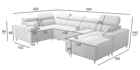 Rohová sedací souprava s funkcí spaní Castel IV šedý jasan pravá rohová stylově řešená sedací souprava s kontejnery na lůžkoviny a nastavitelnými opěrkami hlavy