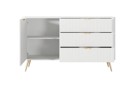 Zásuvková komoda Lante 138 cm bílá elegantní zaoblená komoda na kovovém podstavci se stylovými úchyty