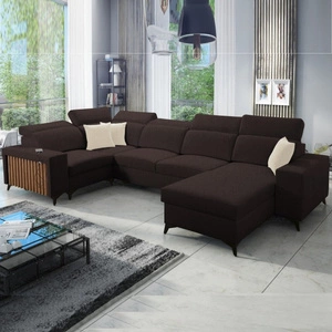 Rohová sedací souprava s funkcí spaní Kelly IV hnědá pravostranná proplétaná pohodlná rohová sedací souprava nastavitelné opěrky hlavy boční čalounění s lamelami