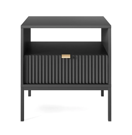 Lovro noční stolek se zásuvkou černý vkusný drážkovaný dekor ideální skříňka do ložnice zlatá hrana rukojeť