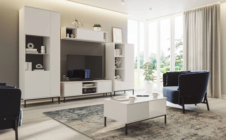 RTV skříňka Tutti 150 cm bílá elegantní design skříňky kovová pevná základna dveře se otevírají systémem push to open