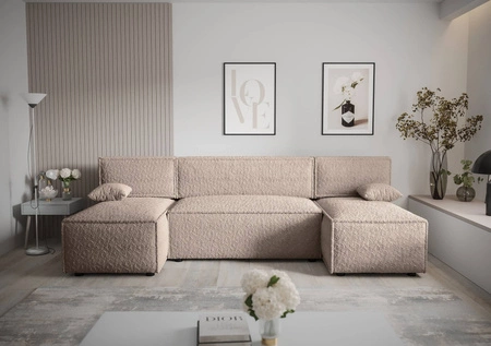 Rohová sedací souprava s funkcí spaní Brandon U béžový kontejner na lůžkoviny měkká tkanina s výrazným smyčkovým povrchem