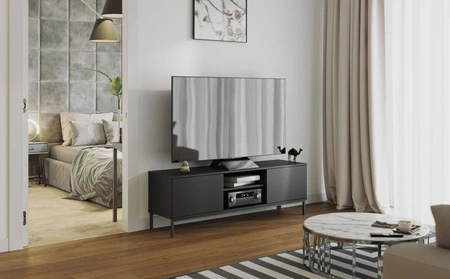RTV skříň Tutti 150 cm černá elegantní design skříně kovová pevná základna dveře se otevírají systémem push to open