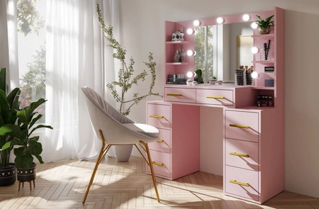Toaletní stolek Adel 110 cm pudrově růžová s LED osvětlením toaletní stolek se zrcadlem v glamour stylu prostorné zásuvky kovové úchyty