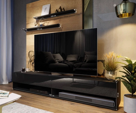 RTV skříňka Nea 180 cm černá / lesklá černá se závěsem a policemi stylový design, který se hodí do každého interiéru