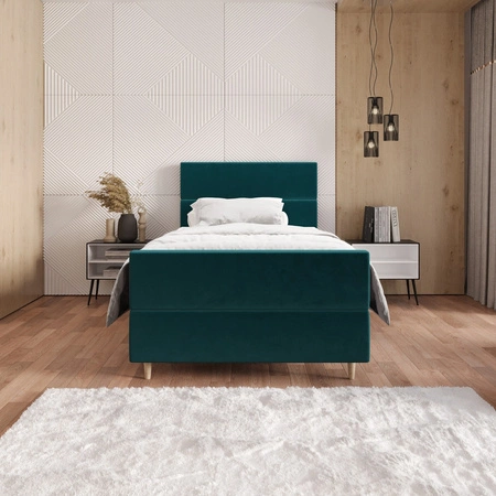 Kontinentální postel Benet 90x200 v tyrkysové barvě v moderním skandinávském stylu s čalouněným čelem a nohami postele s úložným boxem