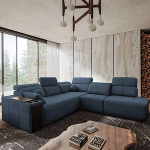 Rohová sedací souprava s funkcí spaní Tesalia IX modrá pravý roh moderní design pohodlný posuvný opěrák zásuvka v boku nábytku