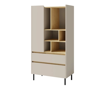 Knihovna se zásuvkami Paguro 80 cm pískově béžová / olejovaný dub elegantní design stabilní vysoké nohy knihovna s dvířky a zásuvkami