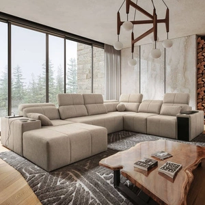 Rohová sedací souprava s funkcí spaní Tesalia VIII béžová levá pohodlná rohová sedací souprava do obývacího pokoje s inovativní funkcí posuvného opěradla