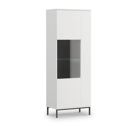 Sada nábytku Tutti v bílé barvě jednoduchá forma nástěnné skříňky na kovové černé základně bezúchytkový systém otevírání push to open