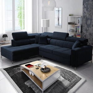 Rohová sedací souprava s funkcí spaní Nausa III tmavě modrá levá sametová stylová pohodlná rohová sedací souprava nastavitelné opěrky hlavy kontejner na lůžkoviny