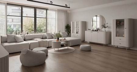 Ovalio 123 cm béžová designová vitrína do obývacího pokoje oválného tvaru s dekorativním frézováním prostorné zásuvky