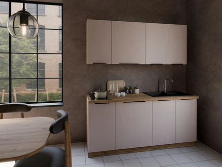 Sada kuchyňského nábytku Soela 180 cm elegantní kuchyňské skříňky v jemných a přírodních barvách úchyty s kovovými hranami