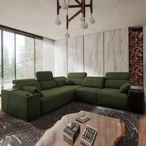 Rohová sedací souprava s funkcí spaní Tesalia III zelená pravá komfortní rohová sedací souprava s posuvným opěradlem dvě nádoby na lůžkoviny