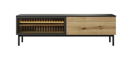 RTV Clovis 180 cm černá / dub evokuje praktickou a stylovou skříňku se skleněnou přední částí obohacenou o LED osvětlení