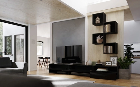 Nemea černá / lesklá černá univerzální a stylová nástěnná skříňka do obývacího pokoje minimalistický design v moderním prostředí