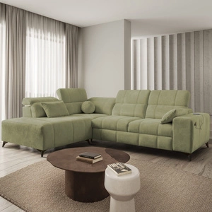 Rohová pohovka s funkcí spaní Penejos VII olivová levá stylová rohová pohovka s úložným prostorem na lůžkoviny pohodlné nastavitelné opěrky hlavy