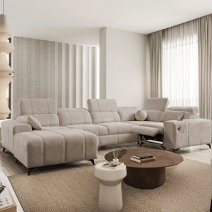 Rohová sedací souprava s funkcí spaní Penejos IV Lux tmavě béžová levá stylová rohová sedací souprava s pohodlnou výsuvnou podnožkou