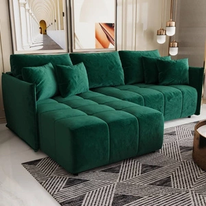 Rozkládací pohovka Oroso bottle green levá pohovka měkká sametová tkanina s hydrofobním povlakem nádoba na lůžkoviny