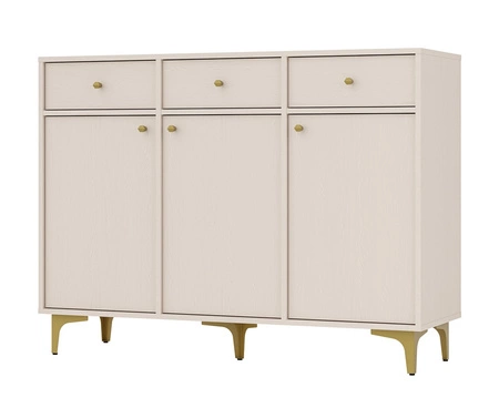 Komoda Kioto I 125 cm béžová minimalistická forma ideální komoda do obývacího pokoje nebo ložnice zlaté doplňky