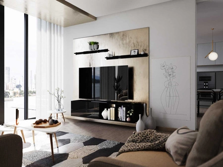 Nástěnná RTV skříňka Astros 180 cm černá / lesklá černá s policemi minimalistický a elegantní design, který se hodí do každého interiéru 