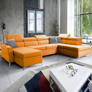 Rohová pohovka s funkcí spaní Rava VI žlutá levá Praktická a moderní rohová pohovka vybavená multifunkční lampou