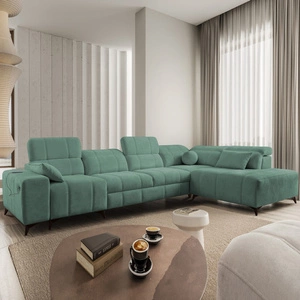 Rohová pohovka s funkcí spaní Penejos XI zelená pravá pohodlná rohová pohovka s nastavitelnými opěrkami hlavy a dvěma přihrádkami na lůžkoviny