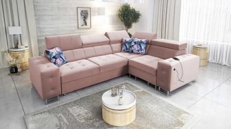 Rohová sedací souprava s funkcí spaní Hampton II quartz pink pravá strana stylové rohové rozkládací pohovky měkká sametová potahová látka