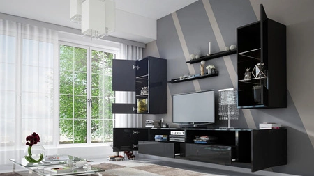 Univerzální nástěnná skříňka Parga černá / černý lesk do obývacího pokoje s lehkým designem se skvěle hodí do každého interiéru