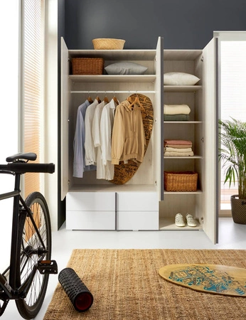 Šatní skříň Remona 150 cm dub wilton bílá / bílá ideální šatní skříň se zásuvkami do pokoje pro mládež použitelný a prostorný moderní design