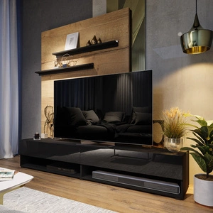 RTV skříňka Nea 180 cm černá / lesklá černá se závěsem a policemi stylový design, který se hodí do každého interiéru