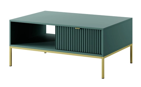 Konferenční stolek Lovro pastelově zelený se zásuvkami moderní design deska odolná proti polití zlaté kovové nohy